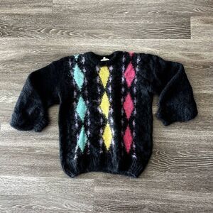 Vintage Tam O’Shanter Mohair Sweater Large Black‎ Argyle UK Made 80s PunK Unisex